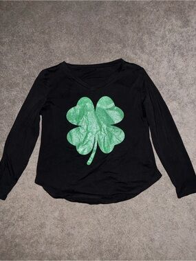 Women's Black Long Sleeve V-Neck Top with Green Shamrock